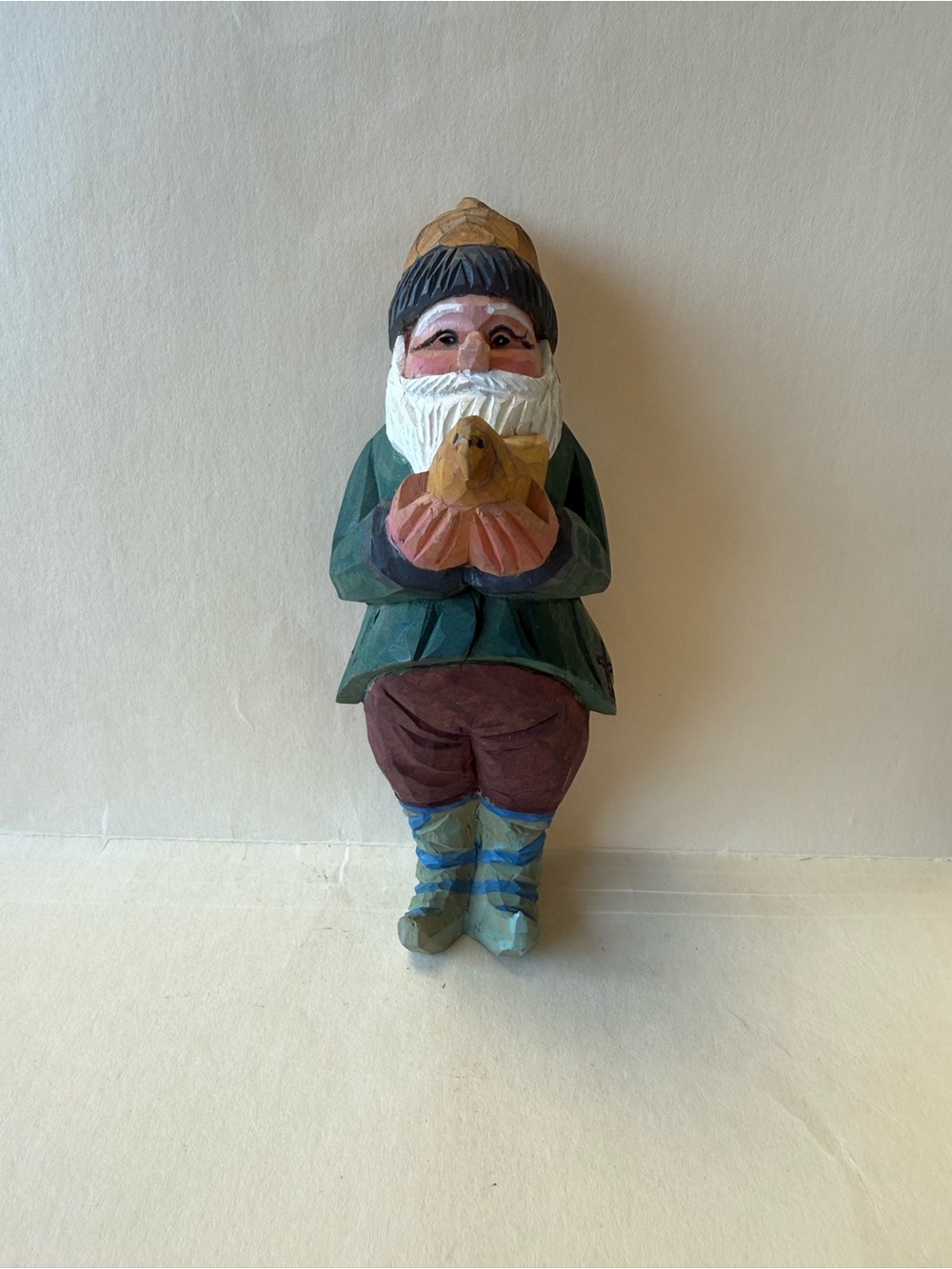 Vintage Hand-Carved Wooden Gnome with Bird Figurine Green, Burgundy, & Yellow.